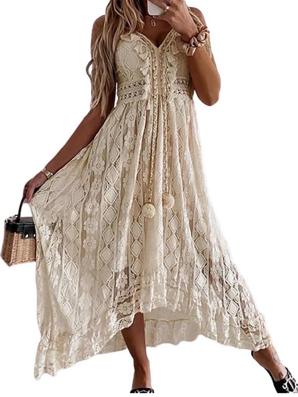 Cupshe Cream Lace High-Low Boho Maxi Dress